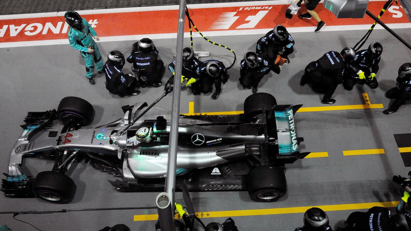 Lewis Hamilton (GBR) Mercedes-Benz F1 W08 Hybrid pit stop at Formula One World Championship, Rd14,