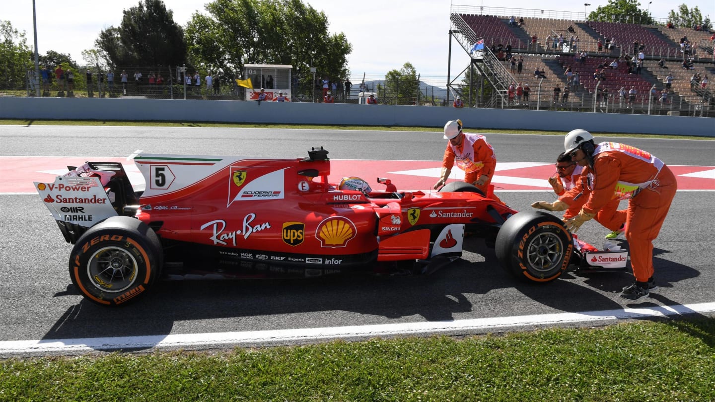 Sebastian Vettel (GER) Ferrari SF70-H stops at the end of pit lane in FP1 at Formula One World Championship, Rd5, Spanish Grand Prix, Practice, Barcelona, Spain, Friday 12 May 2017. © Sutton Motorsport Images