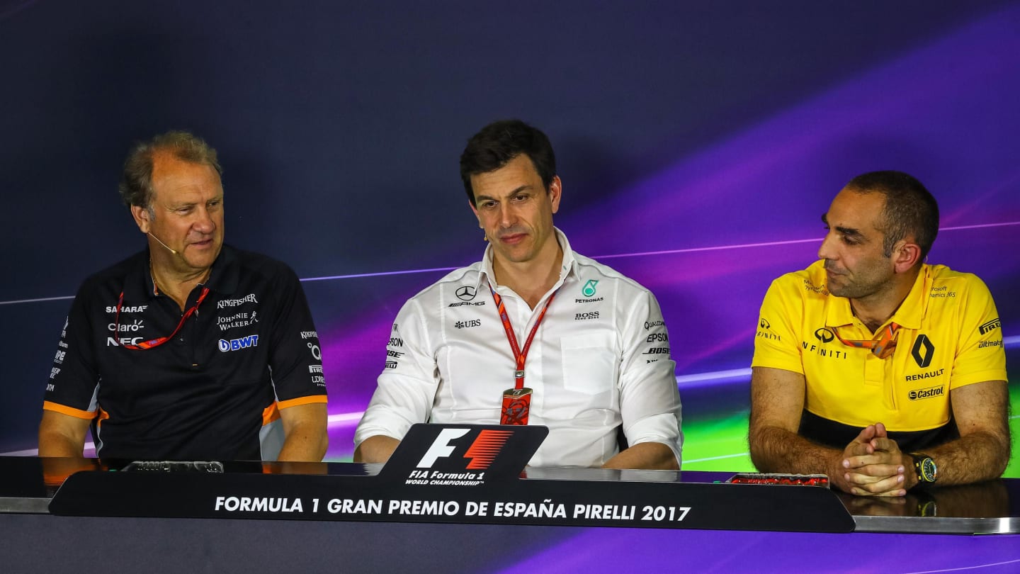(L to R): Robert Fearnley (GBR) Force India F1 Team Deputy Team Principal, Toto Wolff (AUT) Mercedes AMG F1 Director of Motorsport and Cyril Abiteboul (FRA) Renault Sport F1 Managing Director in the Press Conference at Formula One World Championship, Rd5, Spanish Grand Prix, Practice, Barcelona, Spain, Friday 12 May 2017. © Sutton Motorsport Images