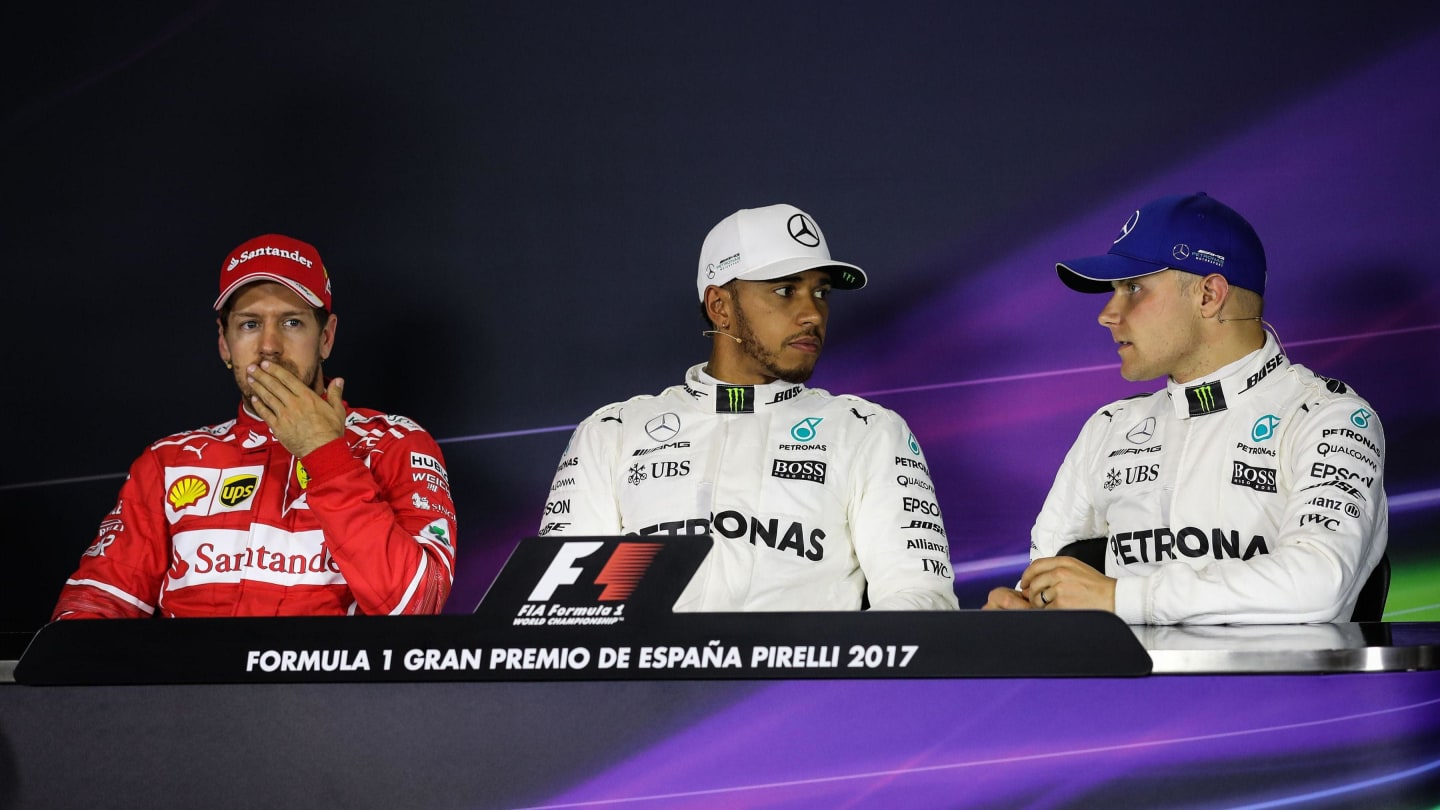 Vettel (GER) Ferrari, pole sitter Hamilton (GBR) Mercedes AMG F1 and Bottas (FIN) Mercedes AMG F1 in the Press Conference at F1 World Championship, Rd5, Spanish Grand Prix, Qualifying, Barcelona, Spain, Saturday 13 May 2017. © Sutton Motorsport Images