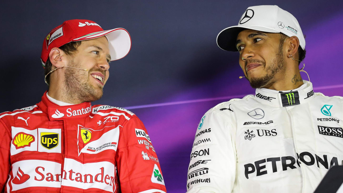 Sebastian Vettel (GER) Ferrari and pole sitter Lewis Hamilton (GBR) Mercedes AMG F1 in the Press Conference at Formula One World Championship, Rd5, Spanish Grand Prix, Qualifying, Barcelona, Spain, Saturday 13 May 2017. © Sutton Motorsport Images