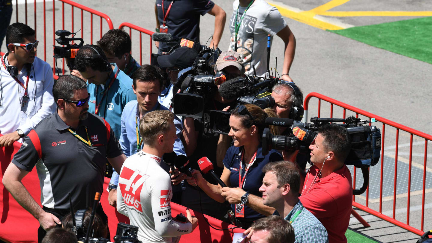 Kevin Magnussen (DEN) Haas F1 talks with the media at Formula One World Championship, Rd5, Spanish Grand Prix, Qualifying, Barcelona, Spain, Saturday 13 May 2017. © Sutton Motorsport Images