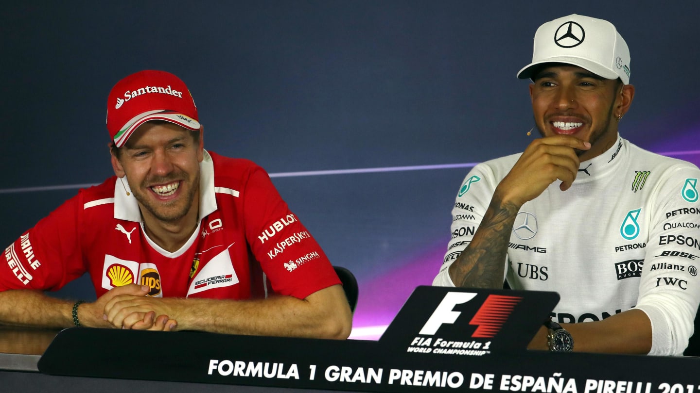 Race winner Lewis Hamilton (GBR) Mercedes AMG F1 and Sebastian Vettel (GER) Ferrari in the Press Conference at Formula One World Championship, Rd5, Spanish Grand Prix, Race, Barcelona, Spain, Sunday 14 May 2017. © Sutton Motorsport Images