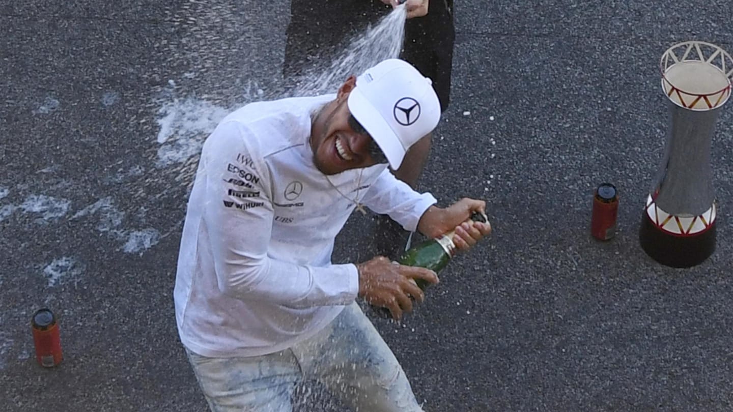 Lewis Hamilton (GBR) Mercedes AMG F1 celebrates with the team and the champagne at Formula One World Championship, Rd5, Spanish Grand Prix, Race, Barcelona, Spain, Sunday 14 May 2017. © Sutton Motorsport Images
