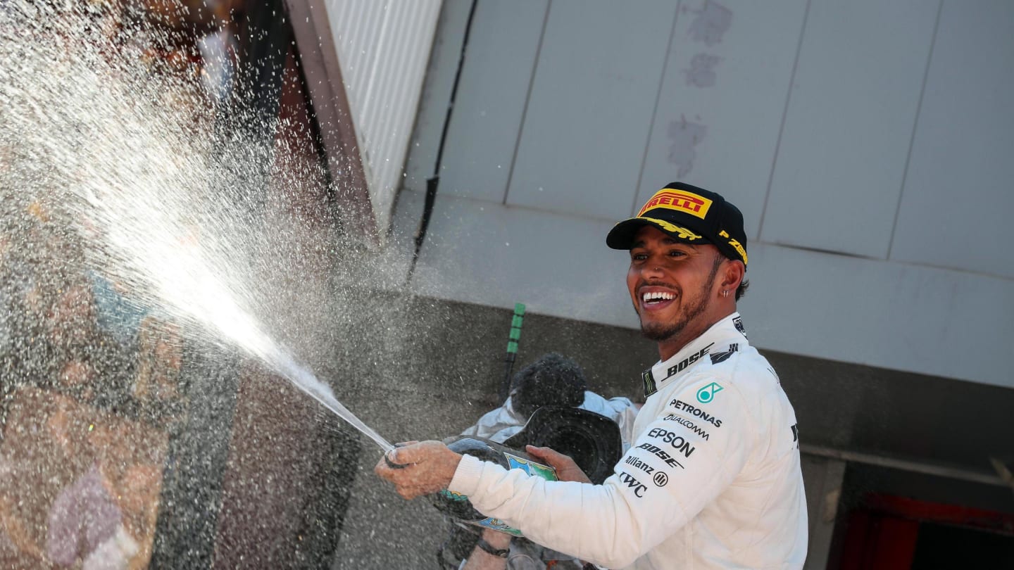 Lewis Hamilton (GBR) Mercedes AMG F1 celebrates with the champagne on the podium at Formula One World Championship, Rd5, Spanish Grand Prix, Race, Barcelona, Spain, Sunday 14 May 2017. © Sutton Motorsport Images