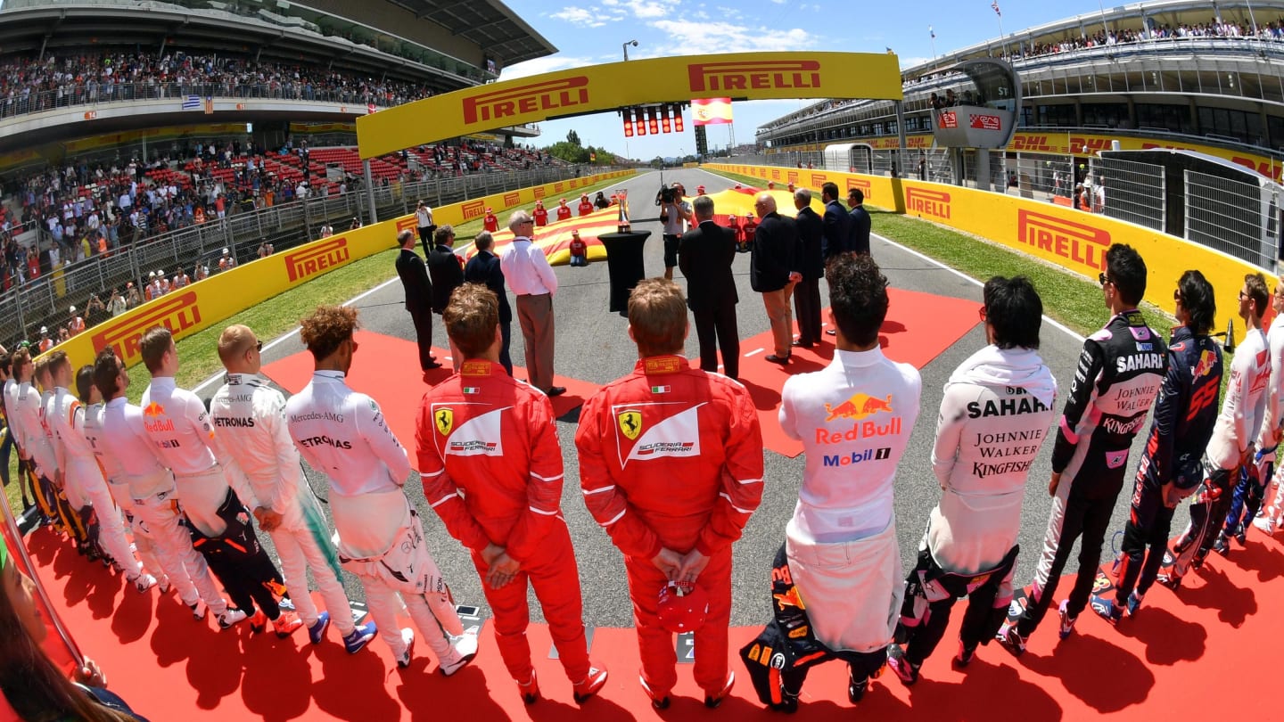 Drivers observe the national anthem on the grid at Formula One World Championship, Rd5, Spanish Grand Prix, Race, Barcelona, Spain, Sunday 14 May 2017. © Sutton Motorsport Images