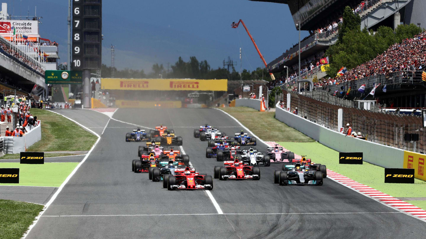 Sebastian Vettel (GER) Ferrari SF70-H leads at the start of the race at Formula One World Championship, Rd5, Spanish Grand Prix, Race, Barcelona, Spain, Sunday 14 May 2017. © Sutton Motorsport Images