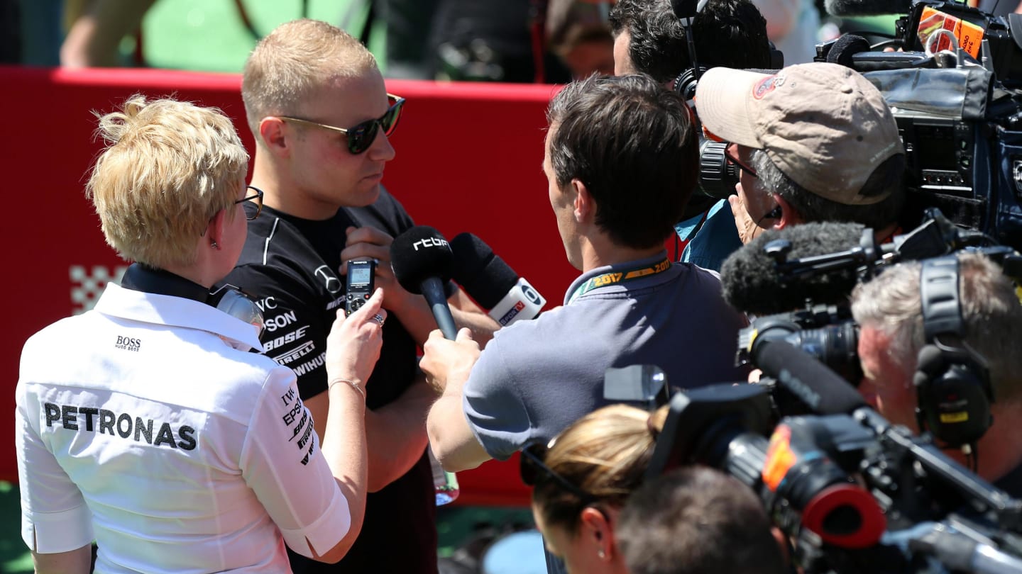Race retiree Valtteri Bottas (FIN) Mercedes AMG F1 talks with the media at Formula One World Championship, Rd5, Spanish Grand Prix, Race, Barcelona, Spain, Sunday 14 May 2017. © Sutton Motorsport Images