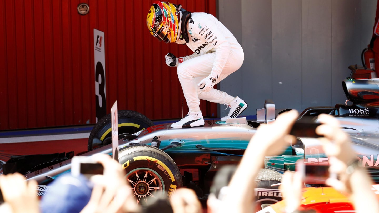 Race winner Lewis Hamilton (GBR) Mercedes-Benz F1 W08 Hybrid celebrates in parc ferme at Formula One World Championship, Rd5, Spanish Grand Prix, Race, Barcelona, Spain, Sunday 14 May 2017. © Sutton Motorsport Images
