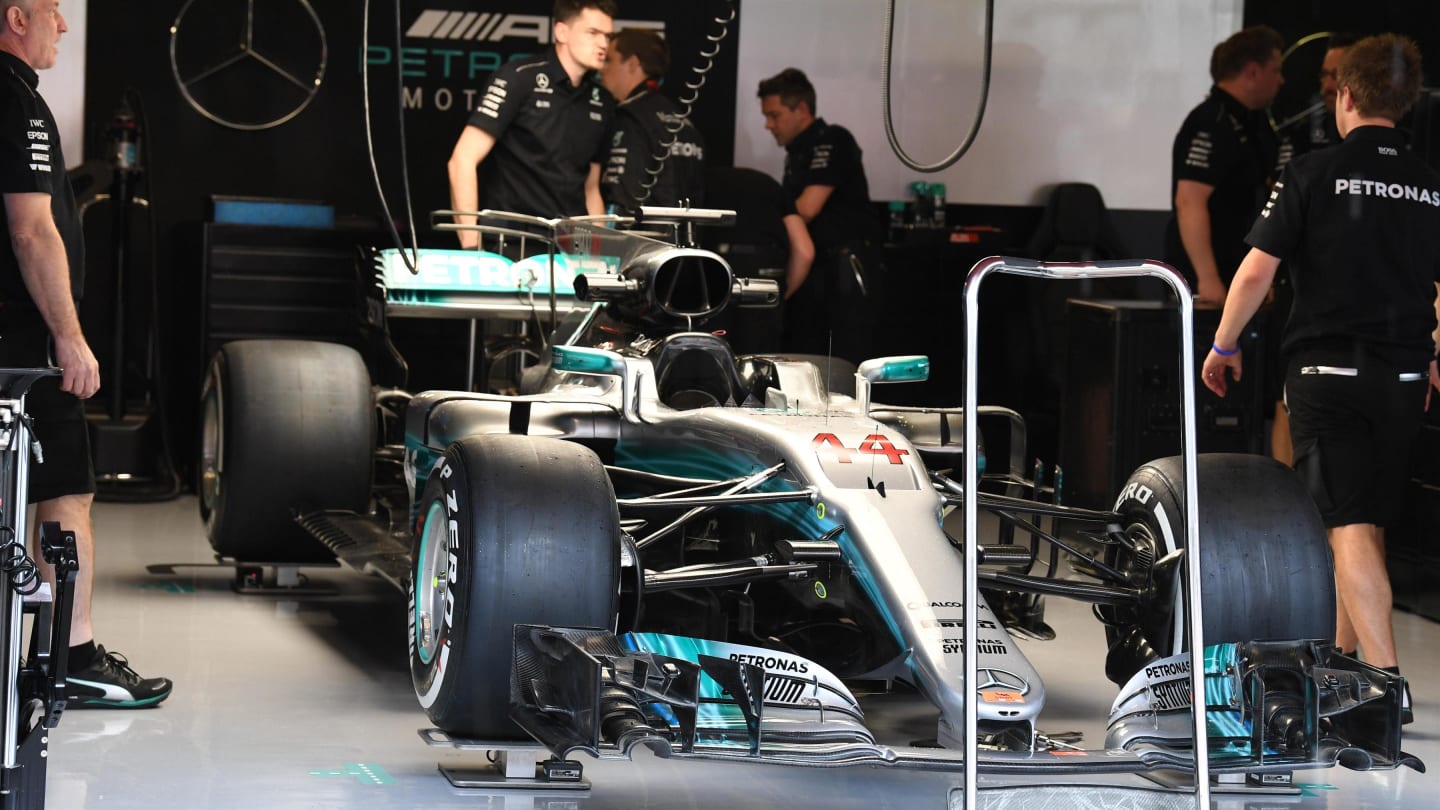 Mercedes-Benz F1 W08 Hybrid in the garage at Formula One World Championship, Rd5, Spanish Grand Prix, Preparations, Barcelona, Spain, Thursday 11 May 2017. © Sutton Motorsport Images