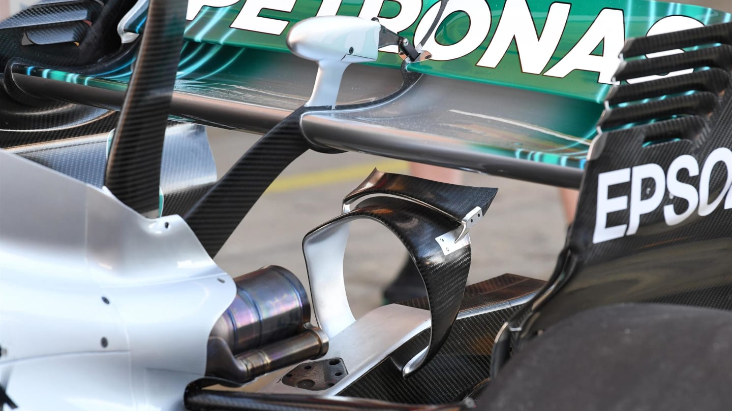 Mercedes-Benz F1 W08 Hybrid rear wing detail at Formula One World Championship, Rd5, Spanish Grand Prix, Preparations, Barcelona, Spain, Thursday 11 May 2017. © Sutton Motorsport Images