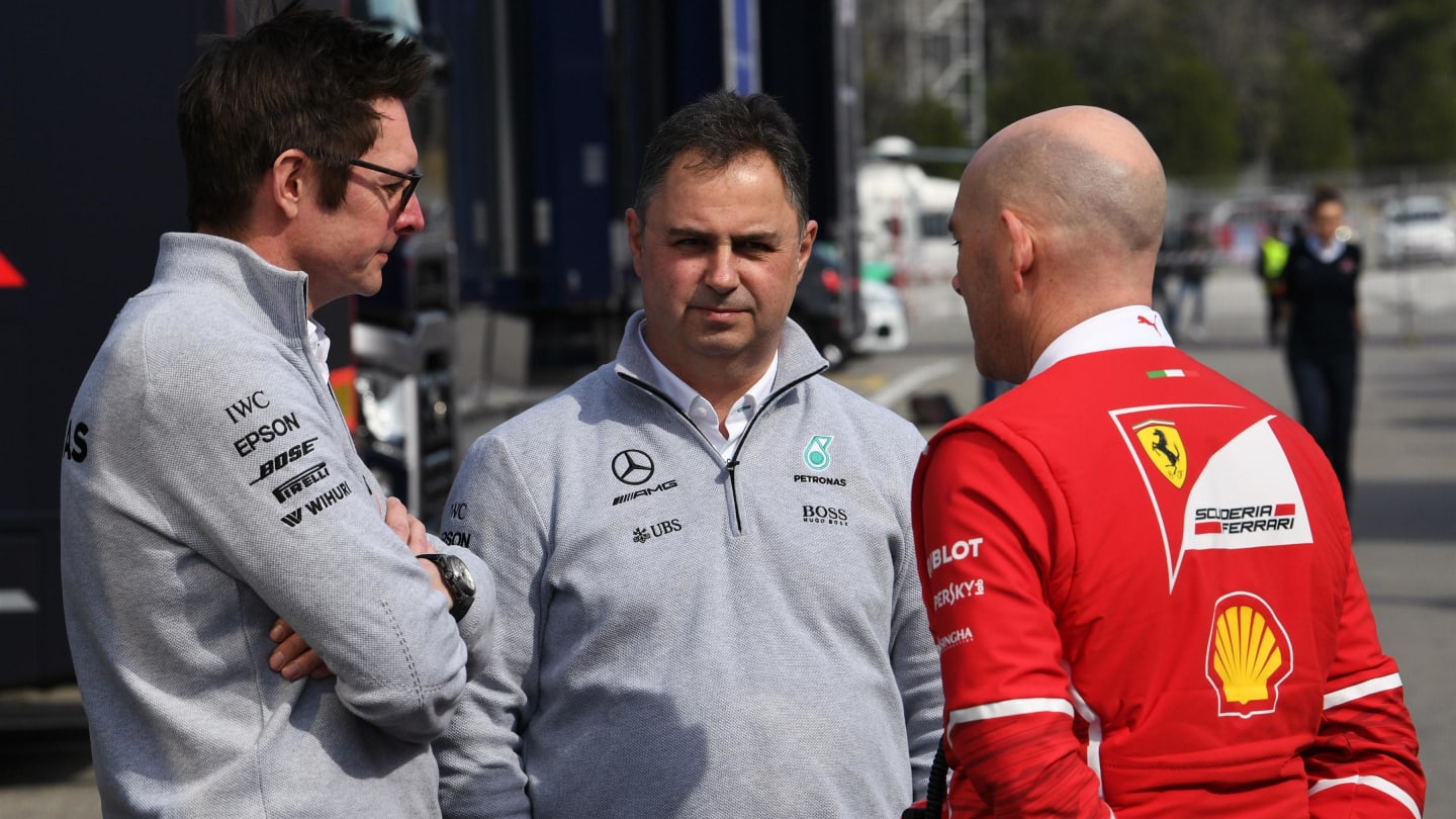 Andy Shovlin (GBR), Mercedes AMG F1 Chief Engineer, Ron Meadows (GBR) Mercedes AMG F1 Team Manager and Jock Clear (GBR) Ferrari Chief Engineer at Formula One Testing, Day Four, Barcelona, Spain, 2 March 2017. © Sutton Images
