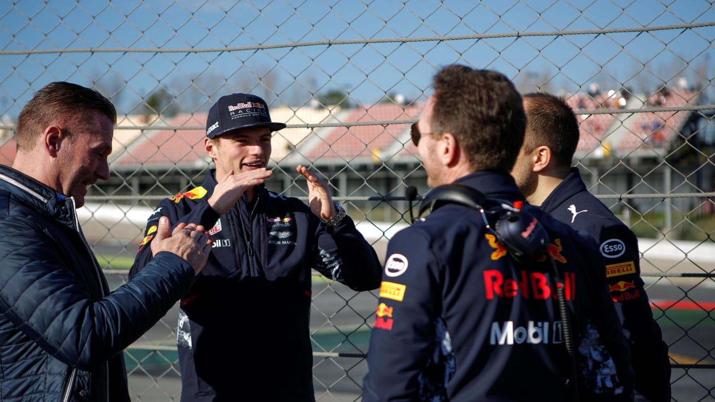Jos Verstappen (NDL), Max Verstappen (NED) Red Bull Racing, Christian Horner (GBR) Red Bull Racing Team Principal and Gianpiero Lambiase (ITA) Red Bull Racing Race Engineer at Formula One Testing, Day Three, Barcelona, Spain, 1 March 2017. © Sutton Images