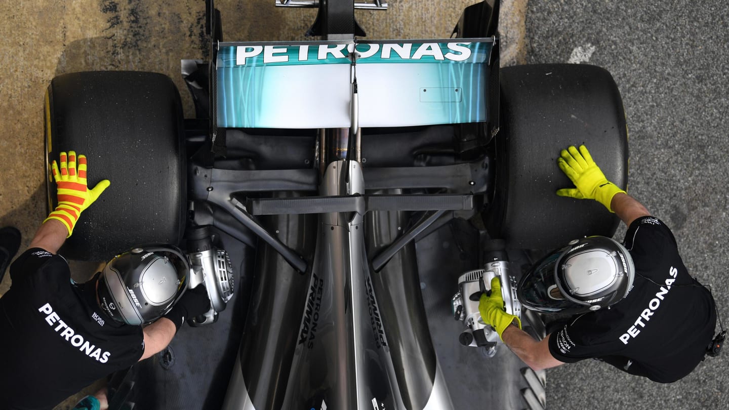 Mercedes-Benz F1 W08 Hybrid rear suspension and rear wing detail at Formula One Testing, Day Three, Barcelona, Spain, 1 March 2017. © Sutton Images