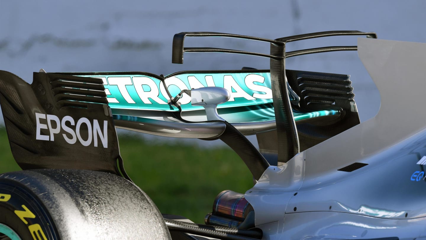 Mercedes-Benz F1 W08 Hybrid rear wing detail at Formula One Testing, Day Four, Barcelona, Spain, 10 March 2017. © Sutton Images