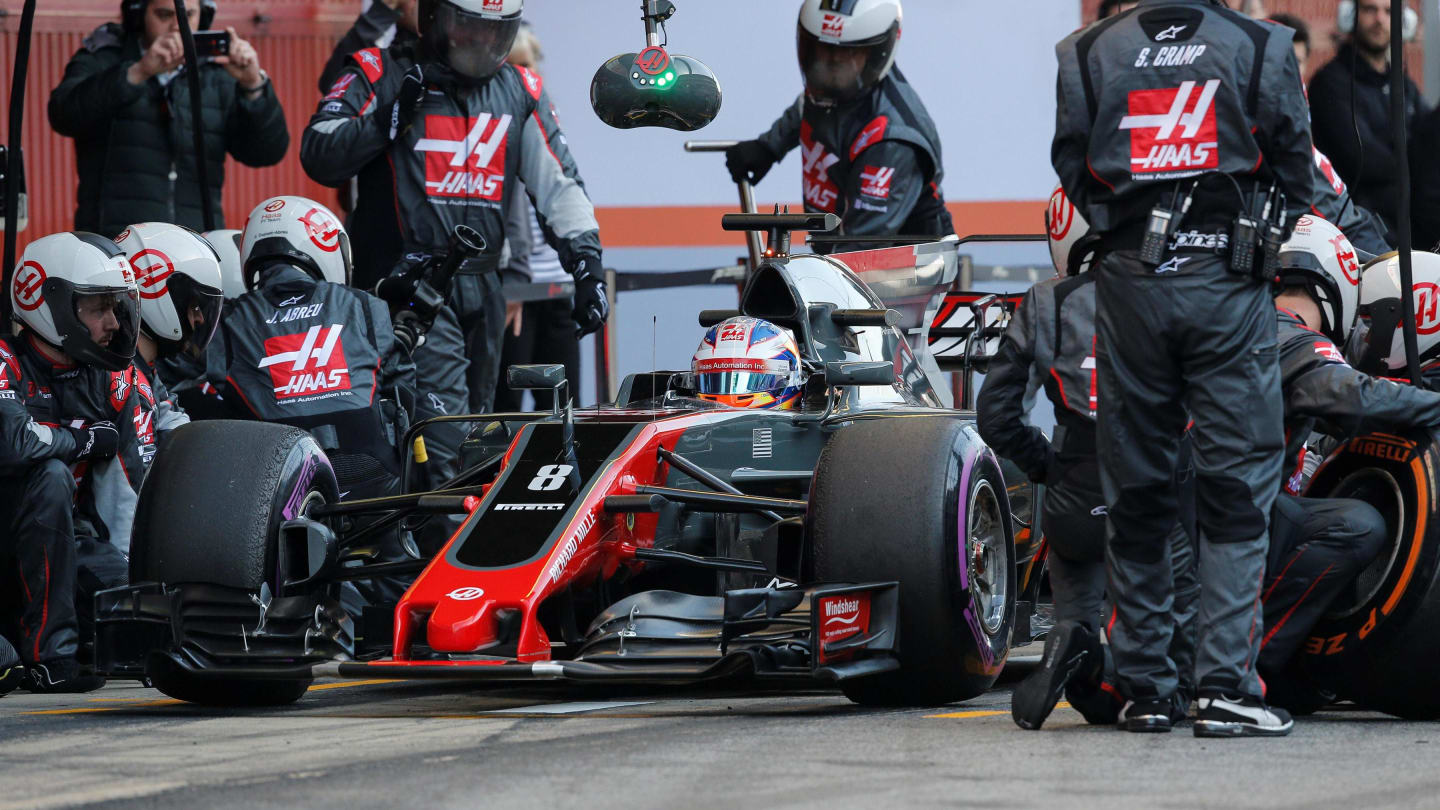 Romain Grosjean (FRA) Haas VF-17 pit stop at Formula One Testing, Day Four, Barcelona, Spain, 10 March 2017. © Sutton Images