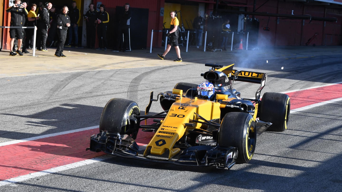 Jolyon Palmer (GBR) Renault Sport F1 Team RS17 and smoke at Formula One Testing, Day One, Barcelona, Spain, 7 March 2017. © Sutton Images