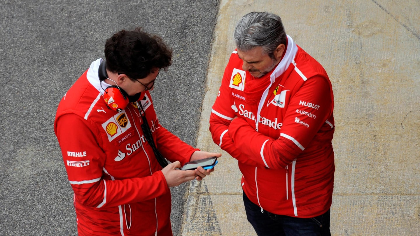 Mattia Binotto (ITA) Ferrari Chief Technical Officer and Maurizio Arrivabene (ITA) Ferrari Team Principal at Formula One Testing, Day Two, Barcelona, Spain, 8 March 2017. © Sutton Images