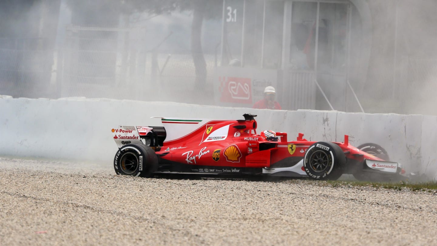 Kimi Raikkonen (FIN) Ferrari SF70-H crashes at Formula One Testing, Day Two, Barcelona, Spain, 8 March 2017. © Sutton Images