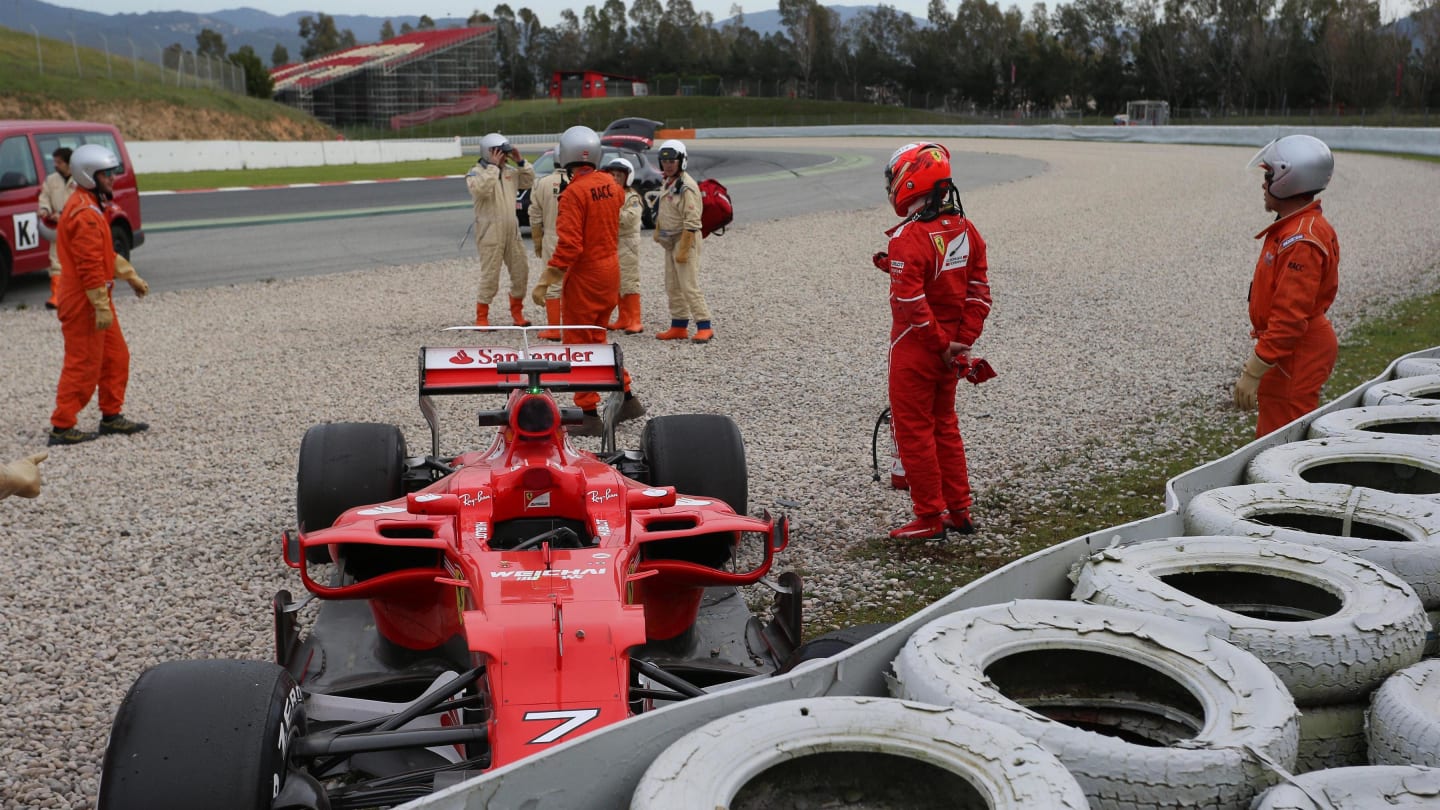 Kimi Raikkonen (FIN) Ferrari SF70-H crashed into the gravel at Formula One Testing, Day Two, Barcelona, Spain, 8 March 2017. © Sutton Images