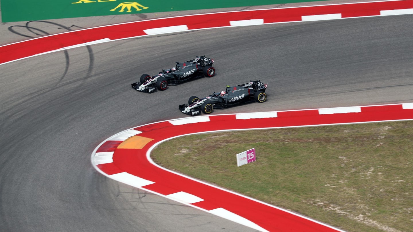 Kevin Magnussen (DEN) Haas VF-17 and Romain Grosjean (FRA) Haas VF-17 at Formula One World Championship, Rd17, United States Grand Prix, Practice, Circuit of the Americas, Austin, Texas, USA, Friday 20 October 2017. © Kym Illman/Sutton Images