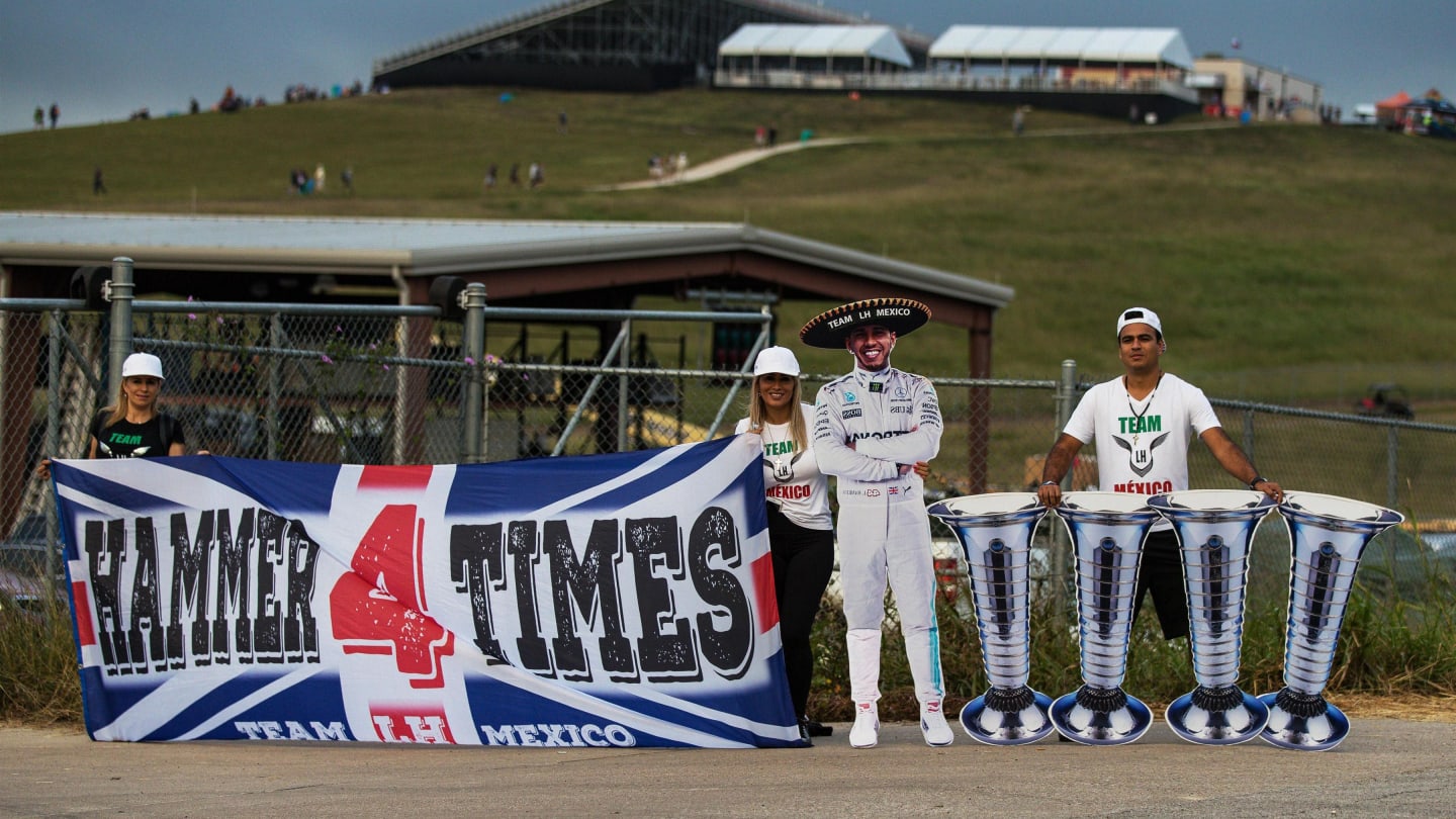 From Saturday... Lewis Hamilton (GBR) Mercedes AMG F1 fans and banners at Formula One World Championship, Rd17, United States Grand Prix, Qualifying, Circuit of the Americas, Austin, Texas, USA, Saturday 21 October 2017. © Kym Illman/Sutton Images