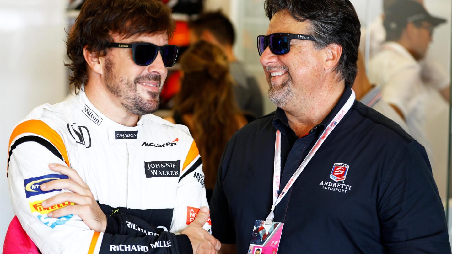 Fernando Alonso (ESP) McLaren and Michael Andretti (USA) at Formula One World Championship, Rd17, United States Grand Prix, Qualifying, Circuit of the Americas, Austin, Texas, USA, Saturday 21 October 2017. © Steven Tee/LAT/Sutton Images