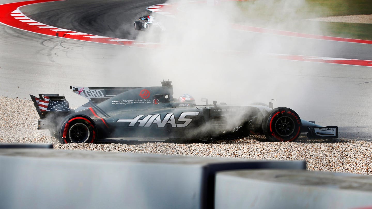 Romain Grosjean (FRA) Haas VF-17 spins into the gravel in FP3 at Formula One World Championship, Rd17, United States Grand Prix, Qualifying, Circuit of the Americas, Austin, Texas, USA, Saturday 21 October 2017. © Zak Mauger/LAT/Sutton Images
