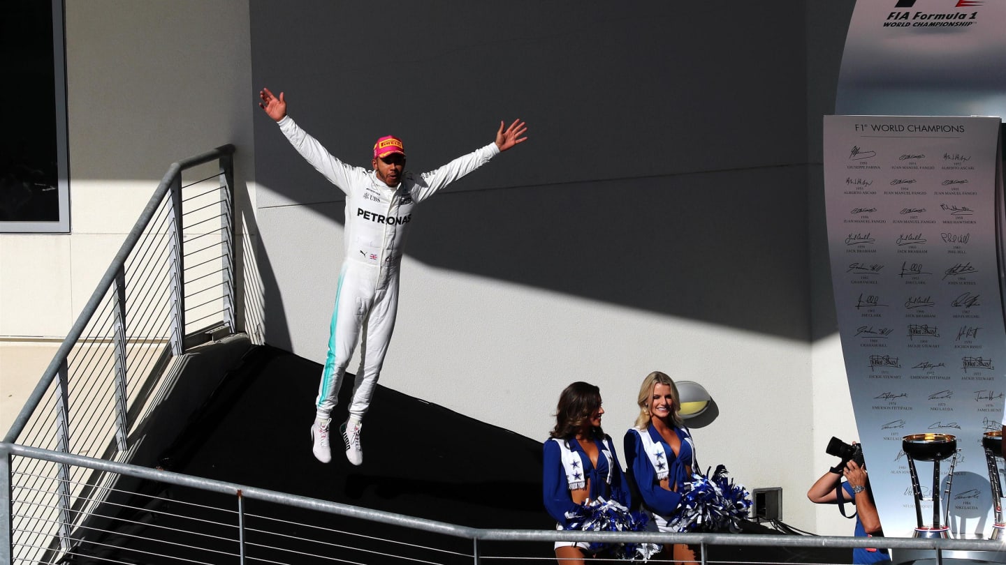 Race winner Lewis Hamilton (GBR) Mercedes AMG F1 celebrates on the podium at Formula One World Championship, Rd17, United States Grand Prix, Race, Circuit of the Americas, Austin, Texas, USA, Sunday 22 October 2017. © Kym Illman/Sutton Images