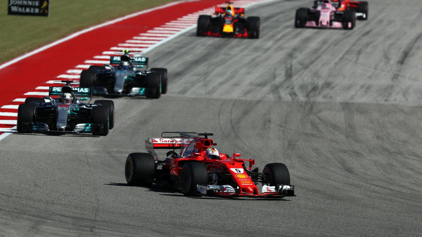 Sebastian Vettel (GER) Ferrari SF70-H leads at thew start of the race at Formula One World Championship, Rd17, United States Grand Prix, Race, Circuit of the Americas, Austin, Texas, USA, Sunday 22 October 2017. © Kym Illman/Sutton Images