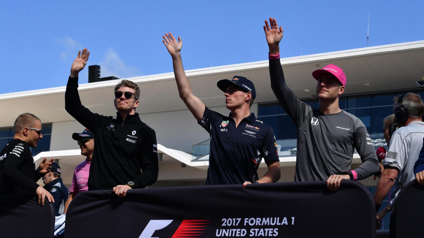 Nico Hulkenberg (GER) Renault Sport F1 Team, Max Verstappen (NED) Red Bull Racing and Stoffel Vandoorne (BEL) McLaren on the drivers parade at at Formula One World Championship, Rd17, United States Grand Prix, Race, Circuit of the Americas, Austin, Texas, USA, Sunday 22 October 2017. © Mark Sutton/Sutton Images