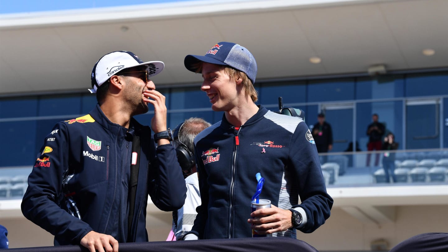 Daniel Ricciardo (AUS) Red Bull Racing and Brendon Hartley (NZL) Scuderia Toro Rosso on the drivers parade at at Formula One World Championship, Rd17, United States Grand Prix, Race, Circuit of the Americas, Austin, Texas, USA, Sunday 22 October 2017. © Mark Sutton/Sutton Images