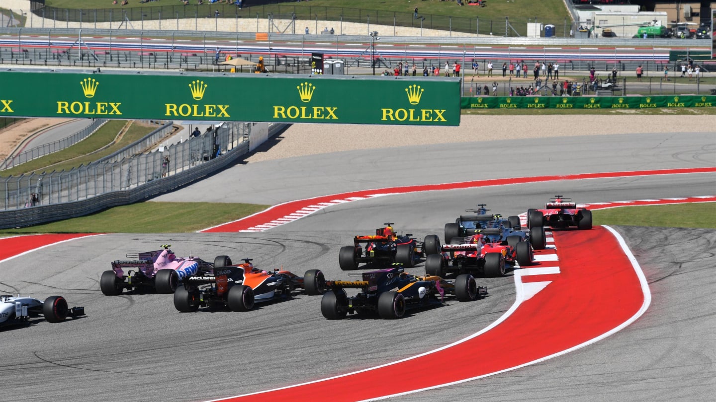 Sebastian Vettel (GER) Ferrari SF70-H leads at the start of the race at Formula One World Championship, Rd17, United States Grand Prix, Race, Circuit of the Americas, Austin, Texas, USA, Sunday 22 October 2017. © Mark Sutton/Sutton Images