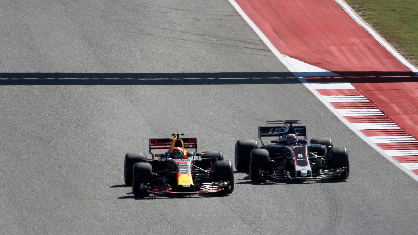 Max Verstappen (NED) Red Bull Racing RB13 and Romain Grosjean (FRA) Haas VF-17 battle at Formula One World Championship, Rd17, United States Grand Prix, Race, Circuit of the Americas, Austin, Texas, USA, Sunday 22 October 2017. © Manuel Goria/Sutton Images