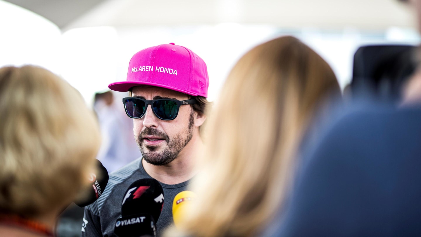 Fernando Alonso (ESP) McLaren talks with the media at Formula One World Championship, Rd17, United States Grand Prix, Preparations, Circuit of the Americas, Austin, Texas, USA, Thursday 19 October 2017. © Manuel Goria/Sutton Images