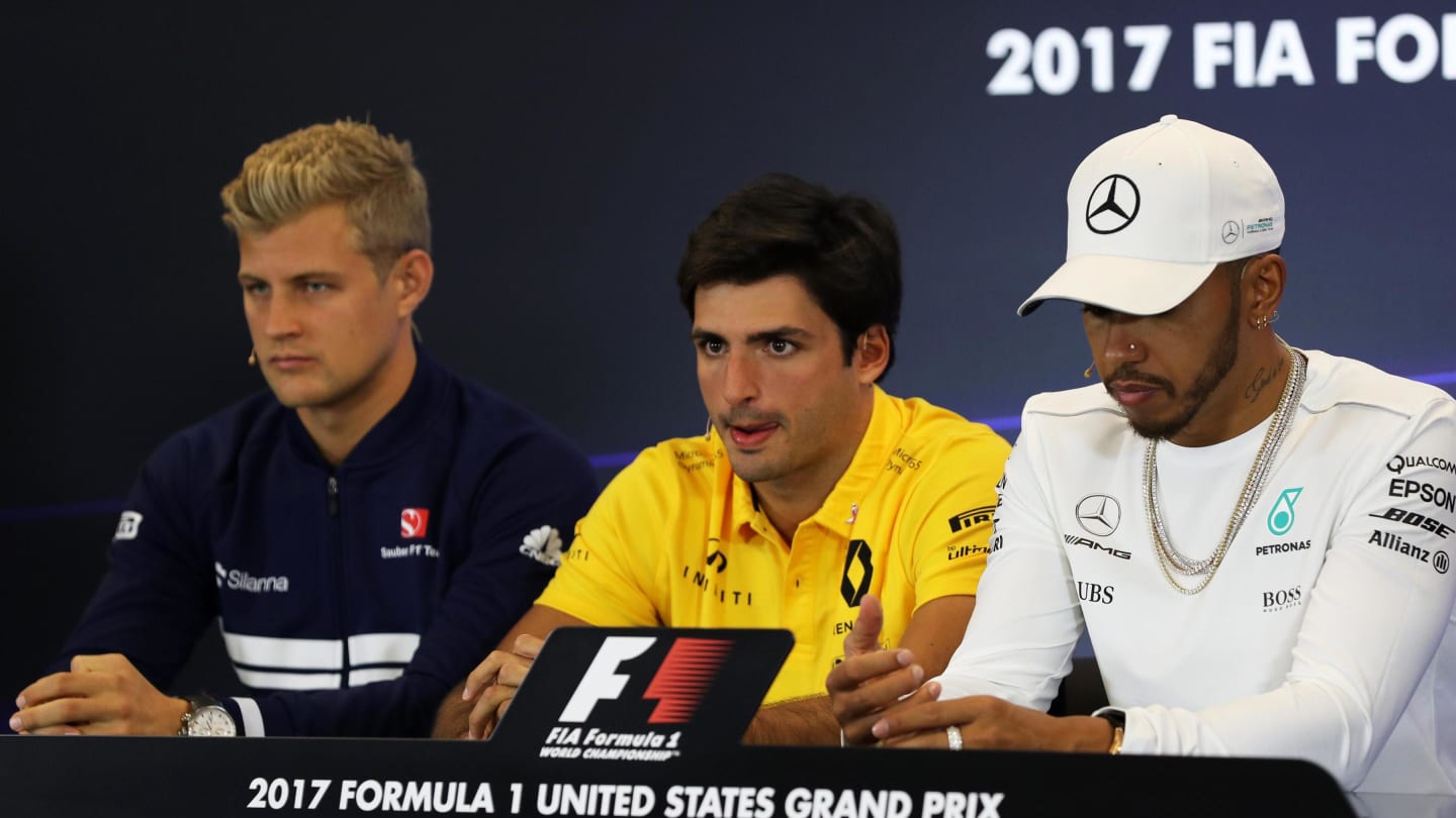 Marcus Ericsson (SWE) Sauber, Carlos Sainz jr (ESP) Renault Sport F1 Team and Lewis Hamilton (GBR) Mercedes AMG F1 in the Press Conference at Formula One World Championship, Rd17, United States Grand Prix, Preparations, Circuit of the Americas, Austin, Texas, USA, Thursday 19 October 2017. © Kym Illman/Sutton Images