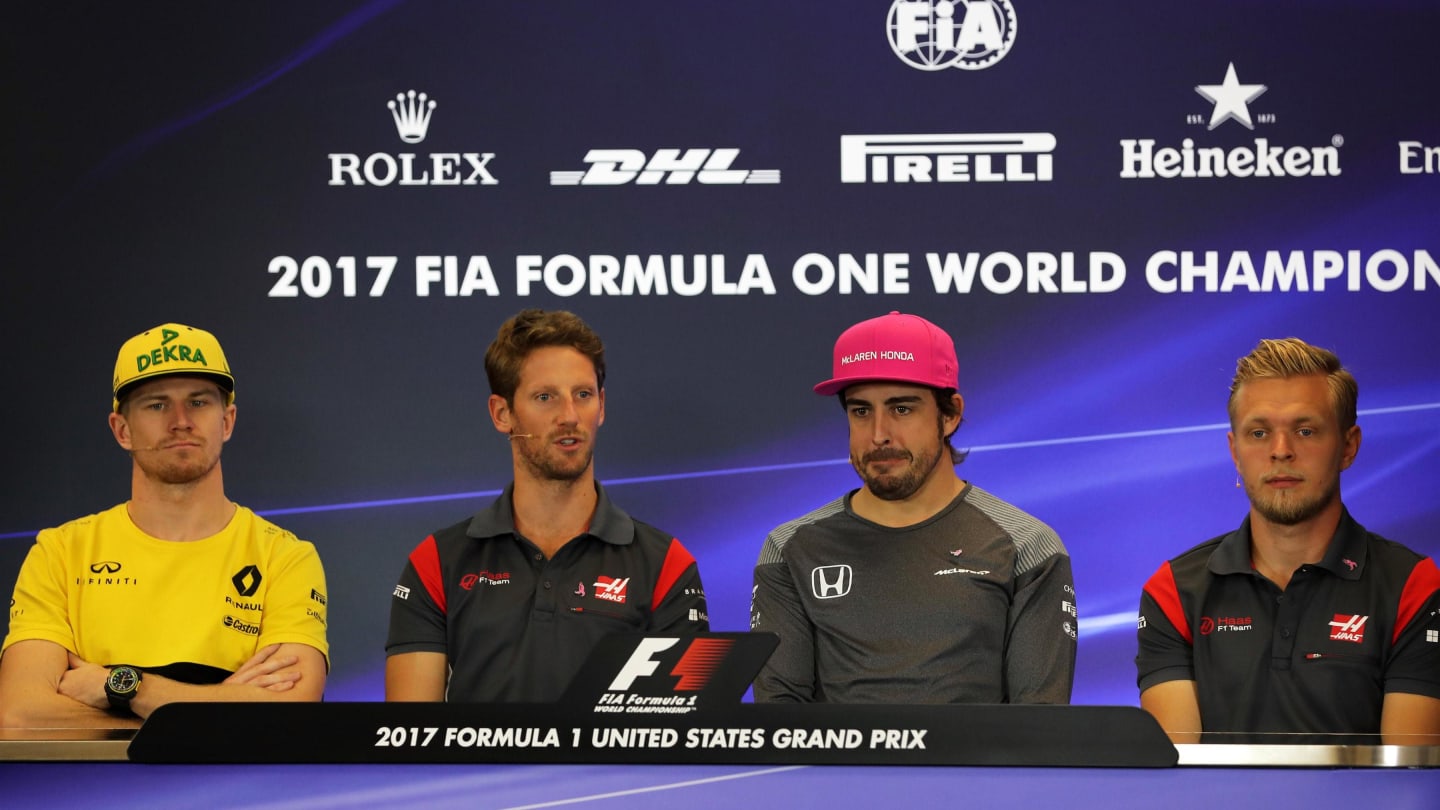 (L to R): Nico Hulkenberg (GER) Renault Sport F1 Team, Romain Grosjean (FRA) Haas F1, Fernando Alonso (ESP) McLaren and Kevin Magnussen (DEN) Haas F1 in the Press Conference at Formula One World Championship, Rd17, United States Grand Prix, Preparations, Circuit of the Americas, Austin, Texas, USA, Thursday 19 October 2017. © Kym Illman/Sutton Images