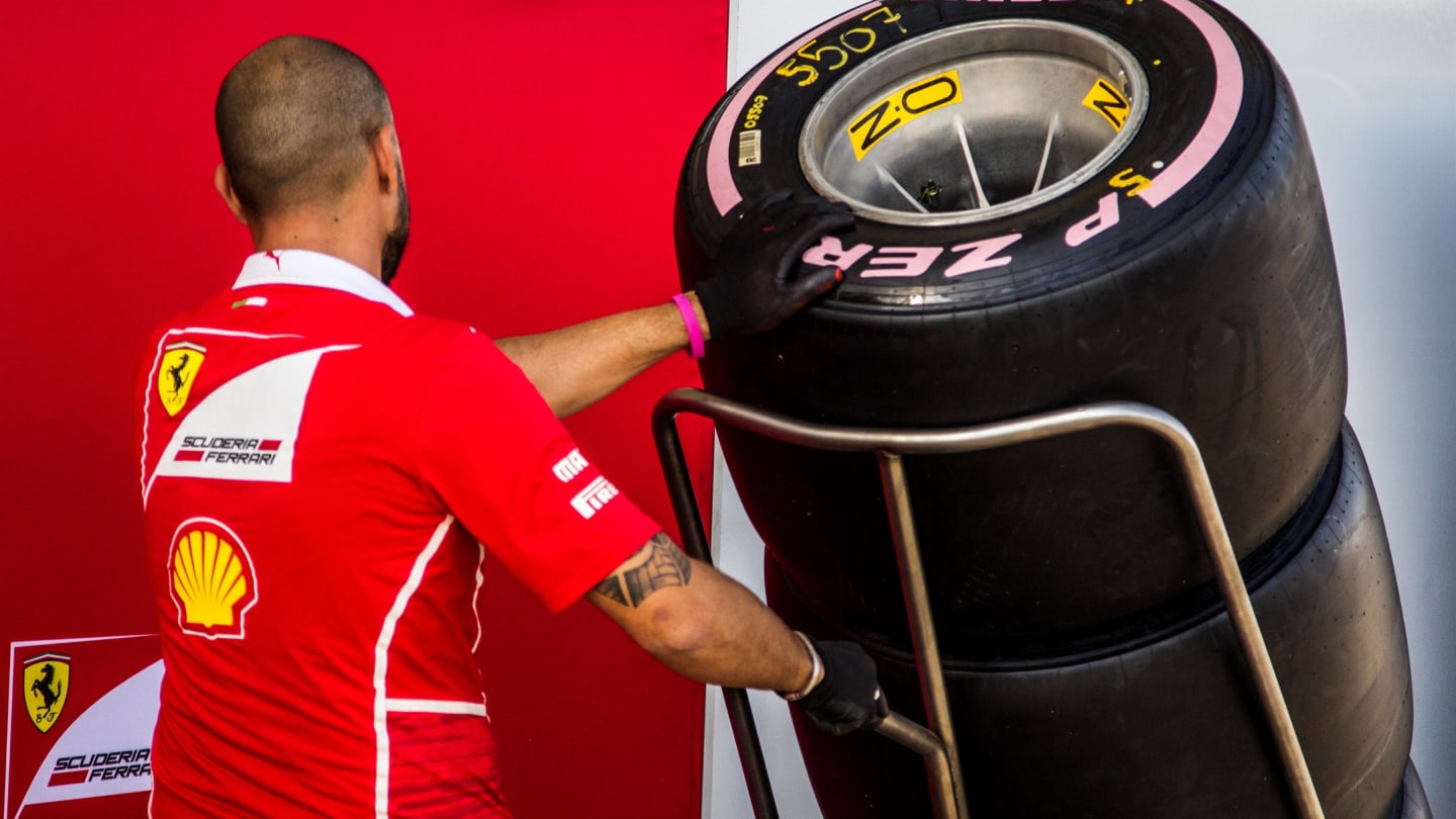 Ferrari mechanic and Pirelli tyres at Formula One World Championship, Rd17, United States Grand Prix, Preparations, Circuit of the Americas, Austin, Texas, USA, Thursday 19 October 2017. © Manuel Goria/Sutton Images