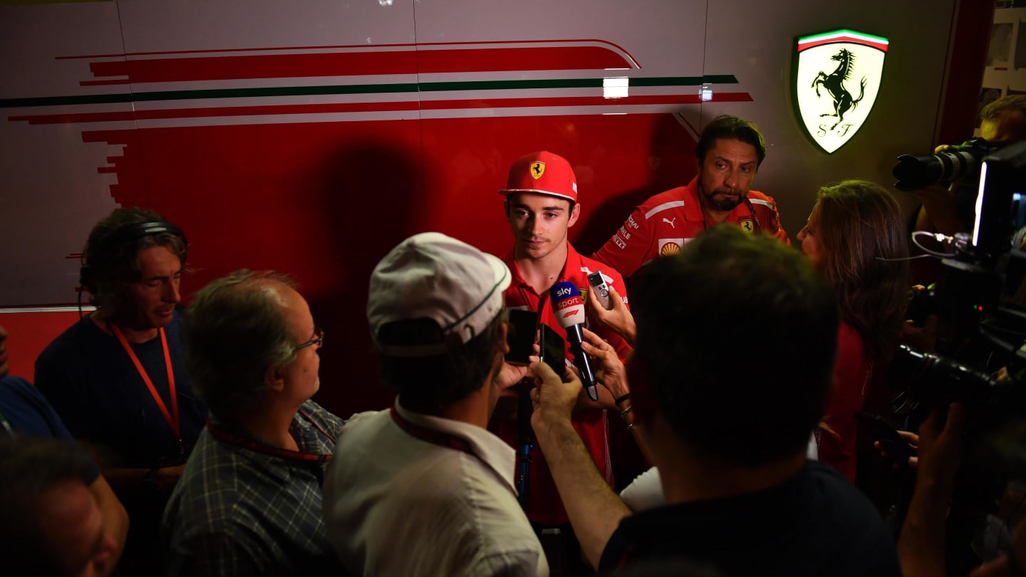 Charles Leclerc, Ferrari talks with the media at Formula One Testing, Day Two, Yas Marina Circuit,