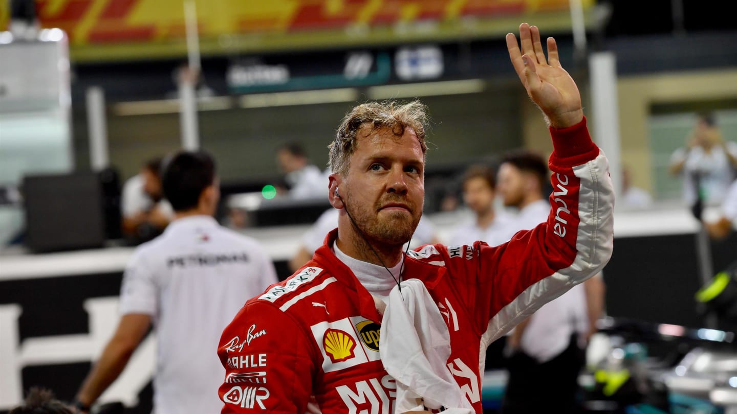 Sebastian Vettel, Ferrari celebrates in Parc Ferme at Formula One World Championship, Rd21, Abu Dhabi Grand Prix, Qualifying, Yas Marina Circuit, Abu Dhabi, UAE, Saturday 24 November 2018.