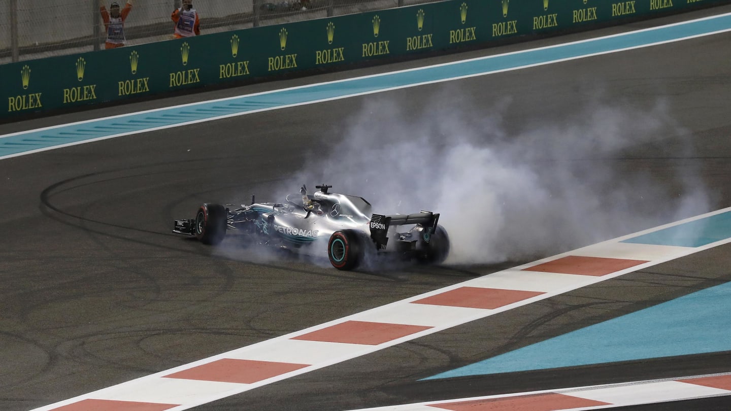 Lewis Hamilton, Mercedes-AMG F1 W09 EQ Power+ celebrates with donuts at Formula One World Championship, Rd21, Abu Dhabi Grand Prix, Race, Yas Marina Circuit, Abu Dhabi, UAE, Sunday 25 November 2018.