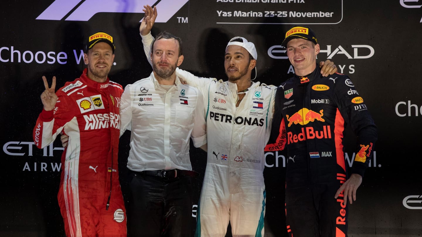 (L to R): Sebastian Vettel, Ferrari, Bradley Lord, Head of Mercedes-Benz Motorsport Communications,