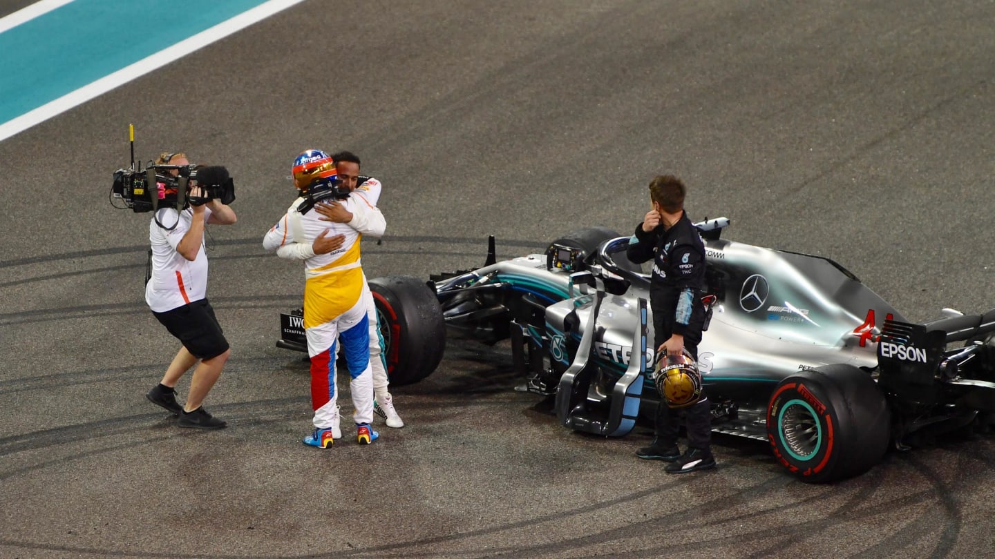 Fernando Alonso, McLaren and Lewis Hamilton, Mercedes AMG F1 celebrate in Parc Ferme at Formula One