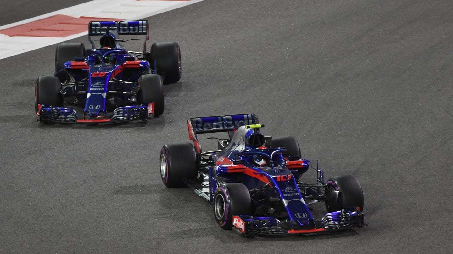 Pierre Gasly, Toro Rosso STR13 and Brendon Hartley, Toro Rosso STR13 at Formula One World Championship, Rd21, Abu Dhabi Grand Prix, Race, Yas Marina Circuit, Abu Dhabi, UAE, Sunday 25 November 2018.