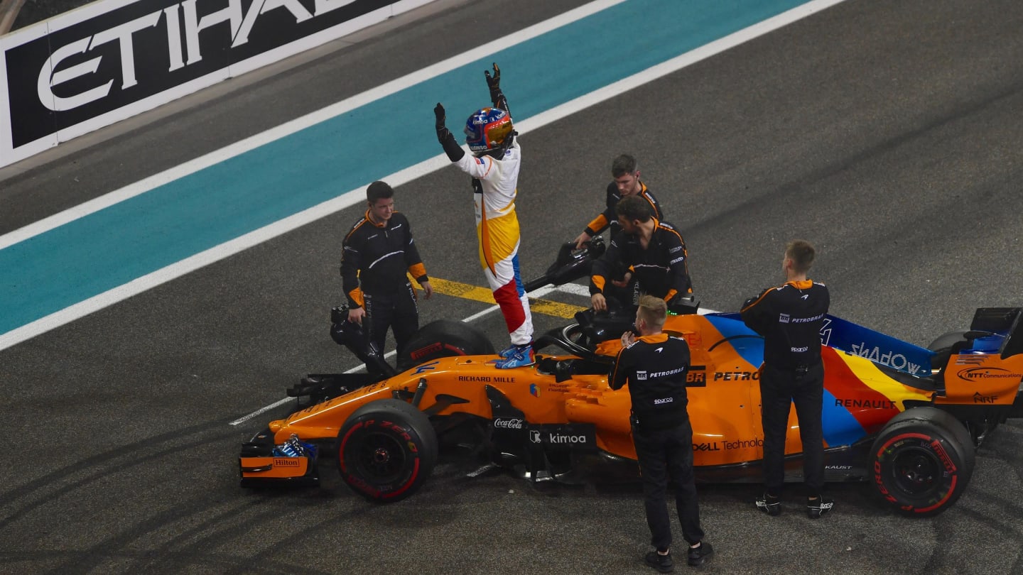 Fernando Alonso, McLaren MCL33 celebrates in Parc Ferme at Formula One World Championship, Rd21, Abu Dhabi Grand Prix, Race, Yas Marina Circuit, Abu Dhabi, UAE, Sunday 25 November 2018.