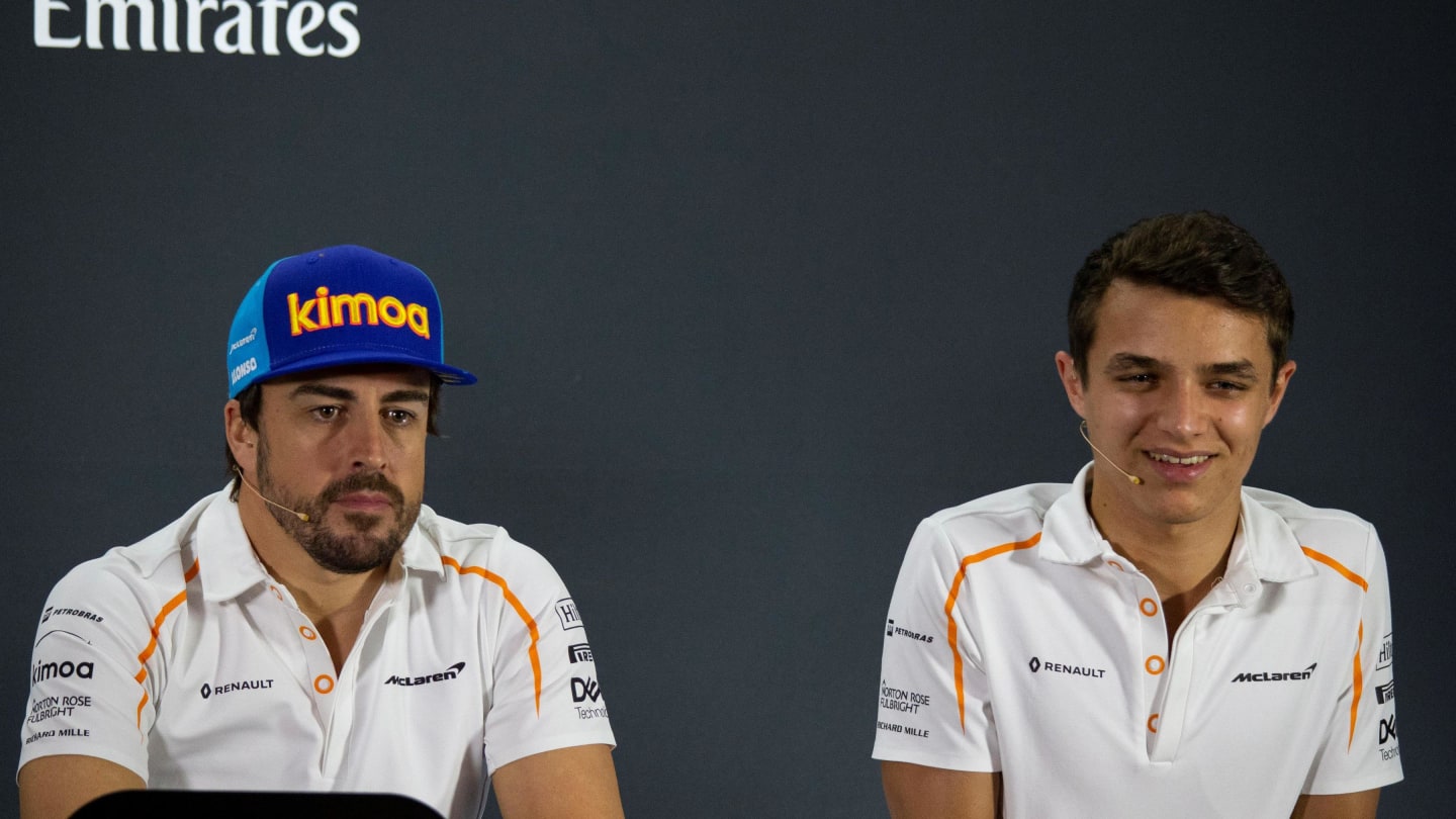 Fernando Alonso, McLaren and Lando Norris, McLaren in the press conference at Formula One World Championship, Rd21, Abu Dhabi Grand Prix, Preparations, Yas Marina Circuit, Abu Dhabi, UAE, Thursday 22 November 2018.
