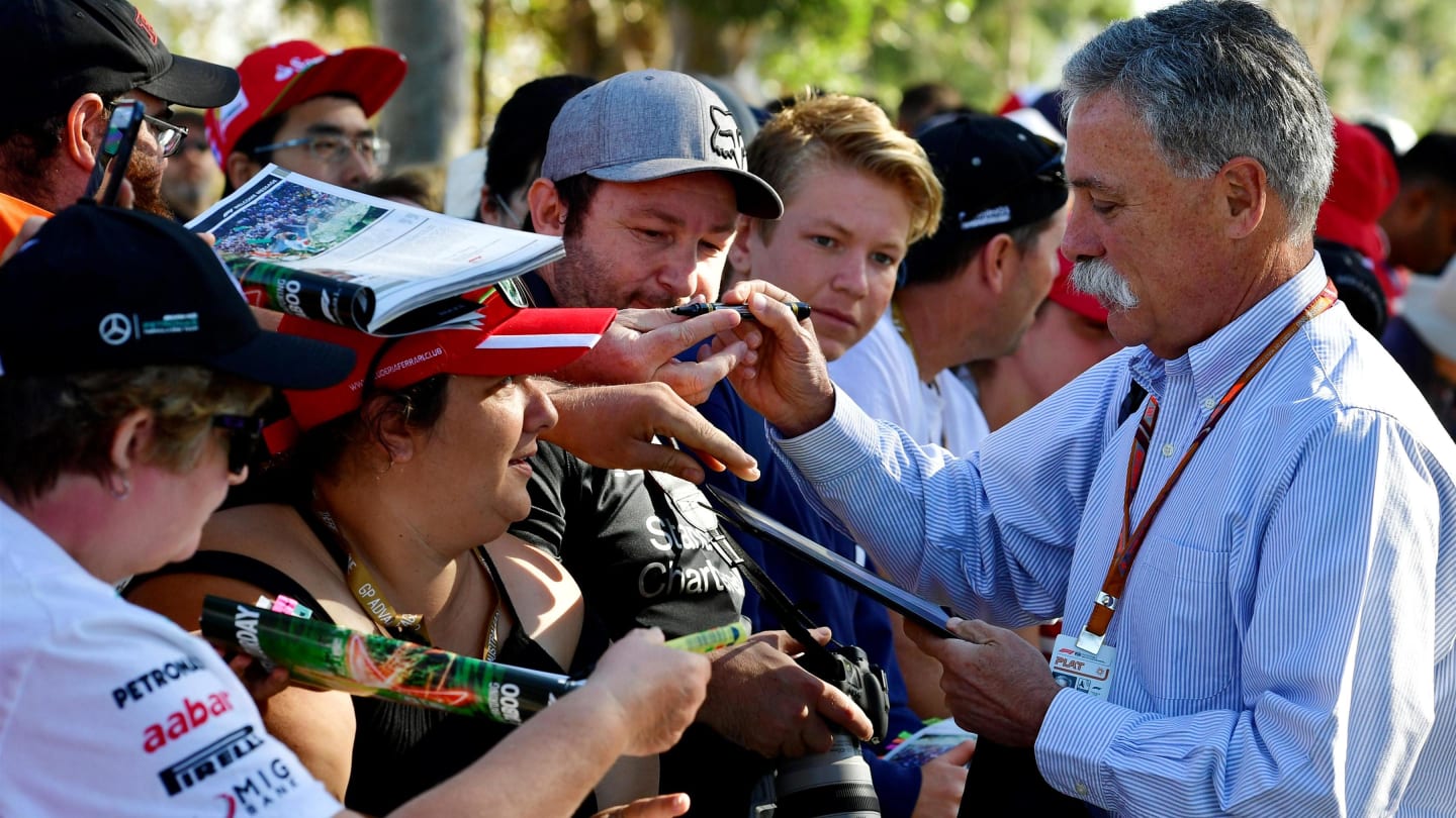 Chase Carey (USA) Chief Executive Officer and Executive Chairman of the Formula One Group signs autographs for the fans at Formula One World Championship, Rd1, Australian Grand Prix, Practice, Melbourne, Australia, Friday 23 March 2018. © Jerry Andre/Sutton Images