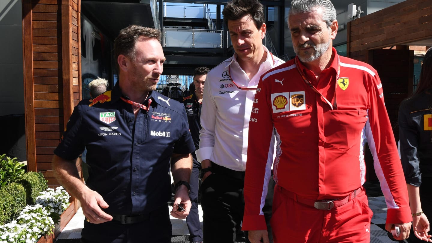 (L to R): Christian Horner (GBR) Red Bull Racing Team Principal, Toto Wolff (AUT) Mercedes AMG F1 Director of Motorsport and Maurizio Arrivabene (ITA) Ferrari Team Principal at Formula One World Championship, Rd1, Australian Grand Prix, Practice, Melbourne, Australia, Friday 23 March 2018. © Mark Sutton/Sutton Images