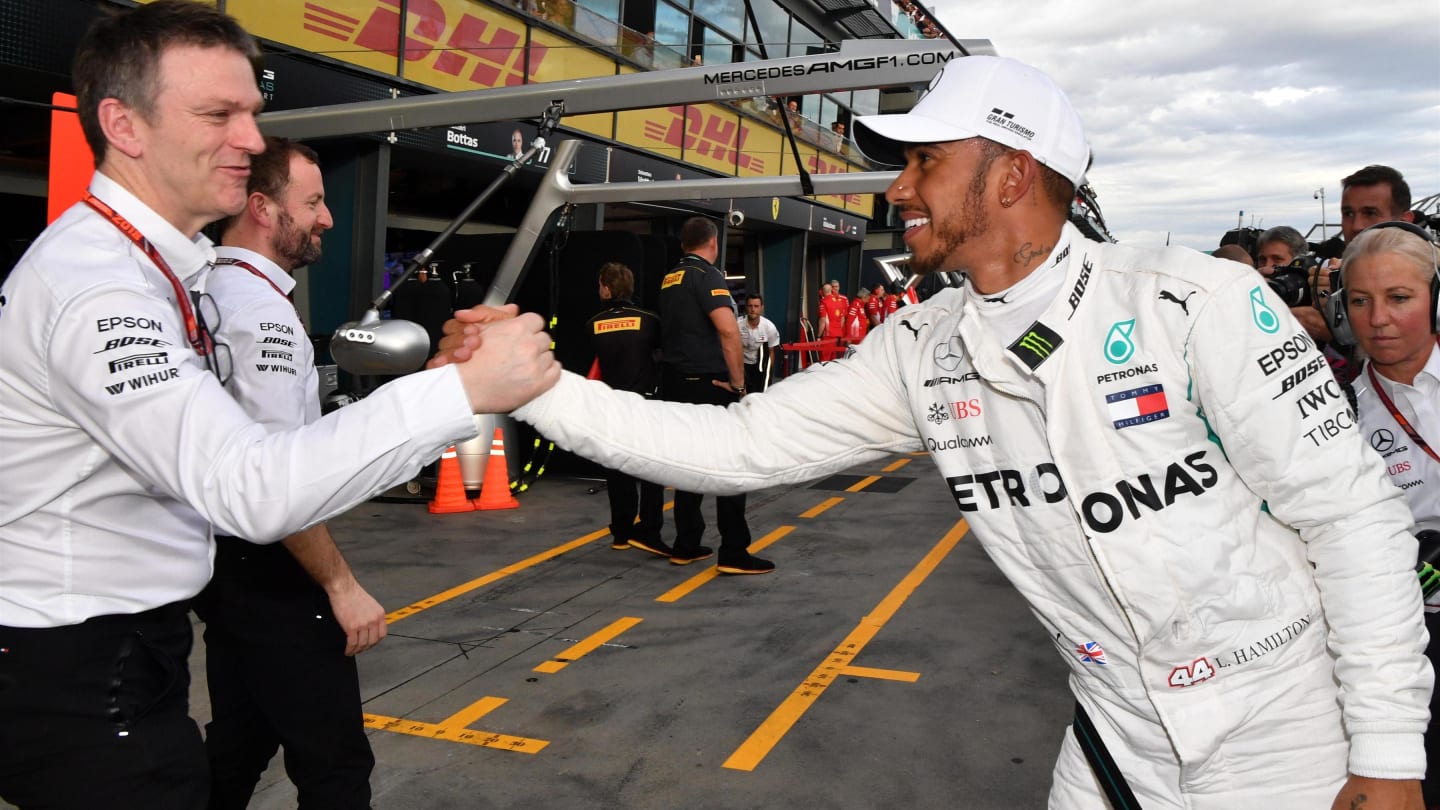 Pole sitter Lewis Hamilton (GBR) Mercedes-AMG F1 celebrates in parc ferme with James Allison (GBR) Mercedes AMG F1 Technical Director at Formula One World Championship, Rd1, Australian Grand Prix, Qualifying, Melbourne, Australia, Saturday 24 March 2018. © Mark Sutton/Sutton Images