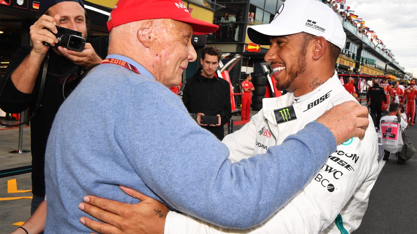 Pole sitter Lewis Hamilton (GBR) Mercedes-AMG F1 celebrates in parc ferme with Niki Lauda (AUT)